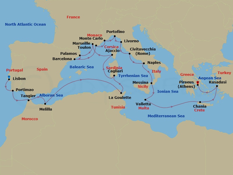 24 Night - Europe & Mediterranean - Crystal Serenity - Starting in Lisbon, Portimao, Tangier, Melilla, Tunis (La Goulette), Cagliari (Sardinia), Ajaccio (Corsica), Marseille, Palamos, Barcelona, Toulon, Monte Carlo, Portofino, Livorno (Tuscany), Civitavecchia (Rome), Naples, Messina, Valletta, Souda (Chania), Kusadasi, Athens (Piraeus) itinerary map