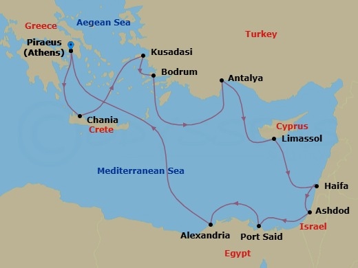 12 Night - Europe & Mediterranean - Crystal Serenity - Starting in Athens (Piraeus), Souda (Chania), Kusadasi, Bodrum, Antalya, Limassol, Haifa (Nazareth), Ashdod (Jerusalem), Port Said, Alexandria EG, Athens (Piraeus) itinerary map