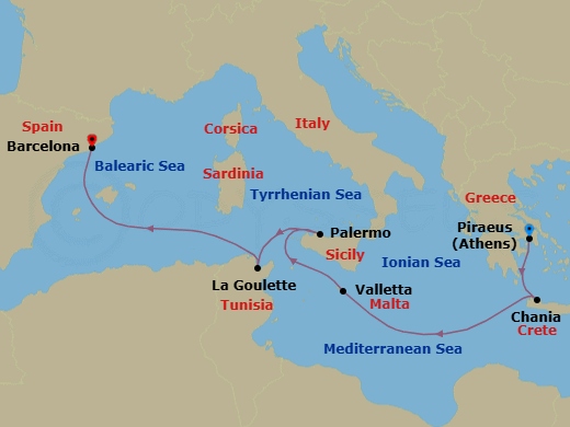 7 Night - Europe & Mediterranean - Crystal Serenity - Starting in Athens (Piraeus), Souda (Chania), Valletta, Palermo, Sicily, Tunis (La Goulette), Barcelona itinerary map