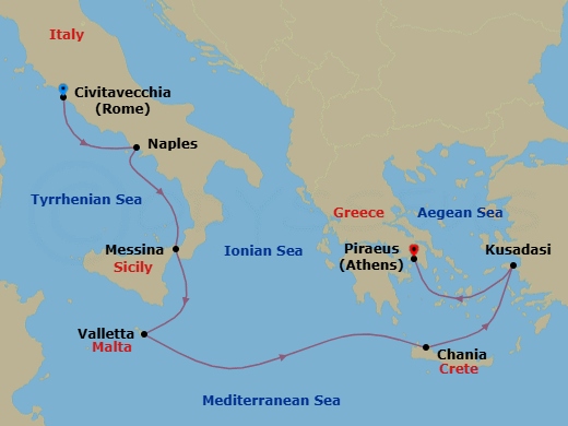 7 Night - Europe & Mediterranean - Crystal Serenity - Starting in Civitavecchia (Rome), Naples, Messina, Valletta, Souda (Chania), Kusadasi, Athens (Piraeus) itinerary map