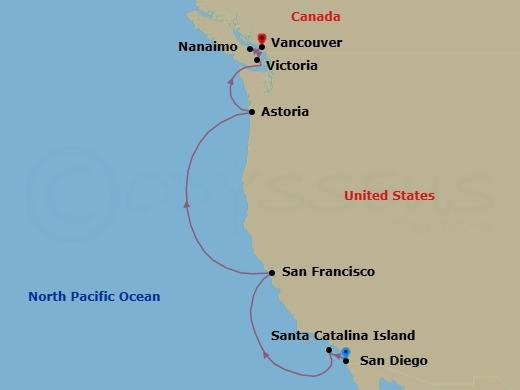 8 Night - The Americas & Caribbean - Crystal Symphony - Starting in San Diego, Santa Catalina Island, San Francisco, Astoria, Victoria CA, Canada, Nanaimo, British Columbia, Vancouver itinerary map