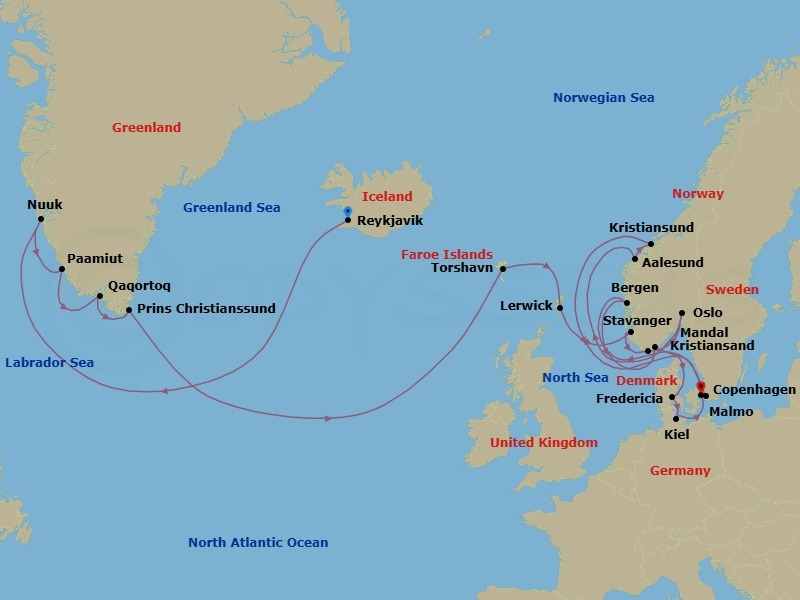 24 Night - Baltic & Northern Europe - Crystal Serenity - Starting in Reykjavik, Nuuk (Godthab), Paamiut, Qaqortoq (Julianehab), Cruise Prince Kristian Fjord, Torshavn, Faroe Islands, Lerwick, Stavanger, Mandal, Oslo, Alesund, Kristiansund, Maloy, Bergen, Kristiansand, Fredericia, Kiel, Copenhagen itinerary map