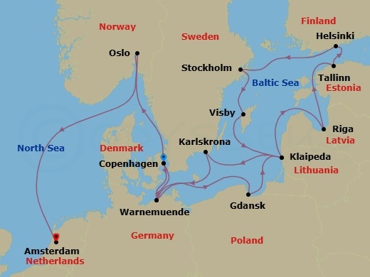 20 Night - Baltic & Northern Europe - Crystal Serenity - Starting in Copenhagen, Warnemunde (Rostock), Gdansk, Klaipeda, Riga, Tallinn, Helsinki, Stockholm, Visby (Gotland), Klaipeda, Karlskrona, Warnemunde (Rostock), Copenhagen, Oslo, Amsterdam itinerary map