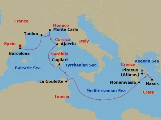 11 Night - Europe & Mediterranean - Crystal Serenity - Starting in Athens (Piraeus), Naxos, Monemvasia (Laconia), Tunis (La Goulette), Cagliari (Sardinia), Ajaccio (Corsica), Monte Carlo, Toulon, Barcelona itinerary map