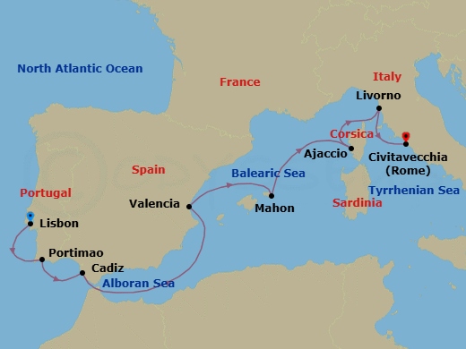 8 Night - Europe & Mediterranean - Crystal Serenity - Starting in Lisbon, Portimao, Cadiz, Valencia, Porto Mahon, Ajaccio (Corsica), Livorno (Tuscany), Civitavecchia (Rome) itinerary map