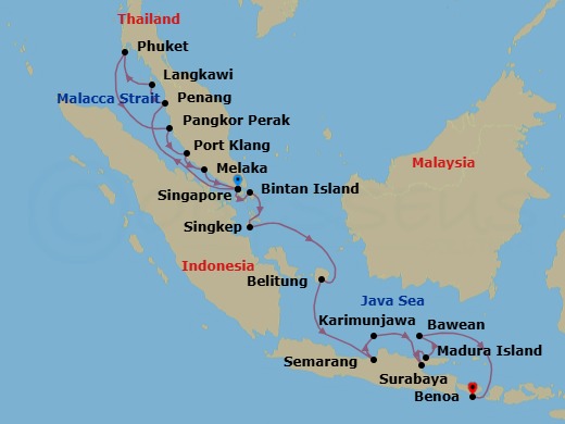 20 Night - Ultimate Voyage : Singapore, Malaysia & the Islands of Indonesia - Scenic Eclipse II - Starting in Singapore, Penang, Malaysia, Porto Malai, Langkawi, Malaysia, Phuket, Thailand, Pulau Pangkor, Malaysia, Port Klang (Kuala Lumpur), Malaysia, Melaka, Malaysia, Singapore, Bintan Island, Indonesia, Pulau Singkep, Indonesia, Pulau Belitung, Indonesia, Semarang, Java, Indonesia, Karimunjawa Archipelago, Indonesia, Surabaya, Java, Indonesia, Madura Island, East Java, Indonesia, Bawean Island, East Java, Indonesia, Benoa, Bali, Indonesia itinerary map