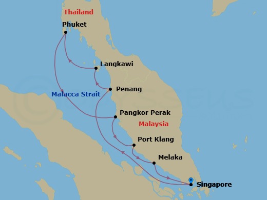 10 Night - Andaman Passage : Singapore to the Malay Coast - Scenic Eclipse II - Starting in Singapore, Penang, Malaysia, Porto Malai, Langkawi, Malaysia, Phuket, Thailand, Pulau Pangkor, Malaysia, Port Klang (Kuala Lumpur), Malaysia, Melaka, Malaysia, Singapore itinerary map