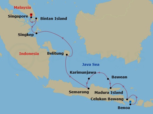 10 Night - Indonesian Wonders & Sacred Temples - Scenic Eclipse II - Starting in Benoa, Bali, Indonesia, Celukan Bawang, Bali, Indonesia, Madura Island, East Java, Indonesia, Bawean Island, East Java, Indonesia, Karimunjawa Archipelago, Indonesia, Semarang, Java, Indonesia, Pulau Belitung, Indonesia, Pulau Singkep, Indonesia, Bintan Island, Indonesia, Singapore itinerary map