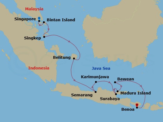 10 Night - Indonesian Wonders & Sacred Temples - Scenic Eclipse II - Starting in Singapore, Bintan Island, Indonesia, Pulau Singkep, Indonesia, Pulau Belitung, Indonesia, Semarang, Java, Indonesia, Karimunjawa Archipelago, Indonesia, Surabaya, Java, Indonesia, Madura Island, East Java, Indonesia, Bawean Island, East Java, Indonesia, Benoa, Bali, Indonesia itinerary map