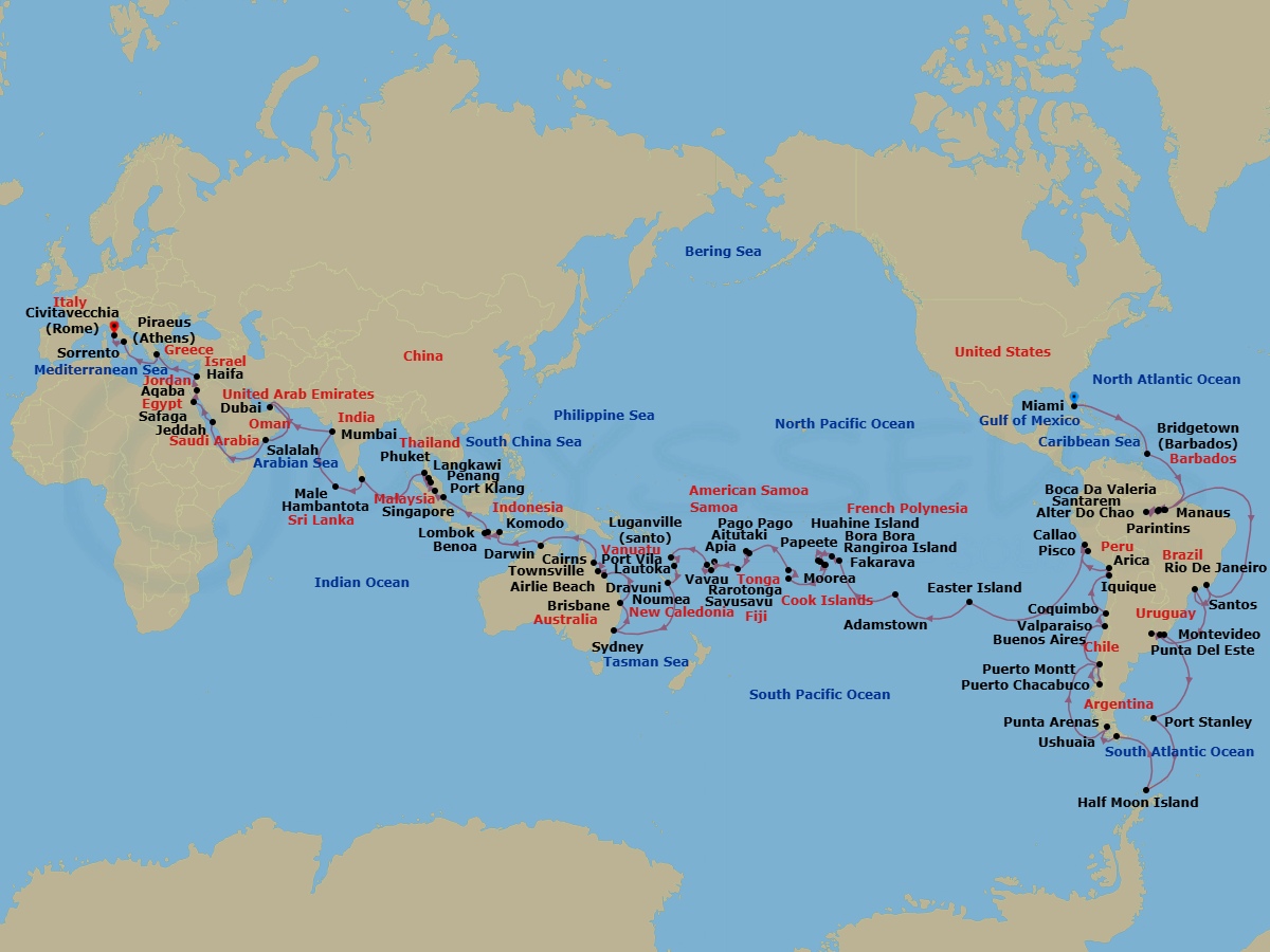 150 Night - Eras of Exploration - Seven Seas Mariner - Starting in Miami, Cruising the Atlantic Ocean, Bridgetown, Cruising the Atlantic Ocean, Cruising the Amazon, Santarem (Amazon River), Boca Da Valeria (Amazon River), Manaus (Amazon River), Parintins (Amazon River), Alter Do Chao (Amazon River), Cruising the Amazon, Cruising the Atlantic Ocean, Rio De Janeiro, Sao Paulo (Santos), Cruising the Atlantic Ocean, Montevideo, Buenos Aires, Punta Del Este, Cruising the Atlantic Ocean, Port Stanley, Falkland Islands, Cruising the Drake Passage, Cruising by Half Moon Islands, Antarctica, Cruising by Paradise Bay, Antarctica, Cruising by Admiralty Bay, Antarctica, Cruising the Drake Passage, Ushuaia, Punta Arenas, Cruising the Chilean Fjords, Puerto Chacabuco, Puerto Montt, Cruising the Pacific Ocean, Valparaiso, Coquimbo, Cruising the Pacific Ocean, Iquique, Arica, Cruising the Pacific Ocean, Pisco (Nazca Lines), Lima (Callao), Cruising the South Pacific, Easter Island, Cruising the South Pacific, Cruising the Pitcairn Islands, Cruising the South Pacific, Fakarava, Rangiroa, Bora Bora, Huahine, Moorea, Papeete (Tahiti), Cruising the South Pacific, Rarotonga, Aitutaki, Cruising the South Pacific, Pago Pago, Cross the International Date Line, Apia, Cruising the South Pacific, Vavau (Neiafu), Cruising the South Pacific, Savusavu, Dravuni, Lautoka, Cruising the South Pacific, Luganville, Port Vila, Cruising the South Pacific, Noumea, Cruising the South Pacific, Sydney AU, Cruising the Tasman Sea, Brisbane, Cruising the Coral Sea, Airlie Beach, Townsville, Cairns, Cruising the Coral Sea, Cruising the Arafura Sea, Darwin, Cruising the Timor Sea, Komodo, Lombok (Lembar), Bali (Benoa), Cruising the Java Sea, Cruising the South China Sea, Singapore, Kuala Lumpur (Port Klang), Penang, Langkawi, Phuket, Cruising the Andaman Sea, Cruising the Bay of Bengal, Hambantota, Cruising the Indian Ocean, Male, Cruising the Indian Ocean, Mumbai (Bombay), Cruising the Arabian Sea, Cruising the Gulf of Oman, Dubai, Cruising the Gulf of Oman, Cruising the Arabian Sea, Salalah, Cruising the Arabian Sea, Cruising the Gulf of Aden, Cruising the Red Sea, Jeddah, Cruising the Red Sea, Luxor (Safaga), Aqaba, Suez Canal (Transit), Jerusalem (Haifa), Cruising the Mediterranean Sea, Athens (Piraeus), Cruising the Mediterranean Sea, Sorrento / Capri, Rome (Civitavecchia) itinerary map