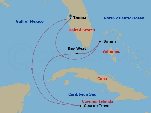 7 Night - Key West, Cayman & Bahamas - Celebrity Constellation - Starting in Tampa, Florida, Bimini, Bahamas, Key West, Florida, George Town, Grand Cayman, Tampa, Florida itinerary map