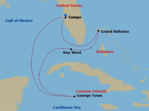 7 Night - Key West, Cayman & Bahamas - Celebrity Constellation - Starting in Tampa, Florida, Grand Bahama Island, Bahamas, Key West, Florida, George Town, Grand Cayman, Tampa, Florida itinerary map