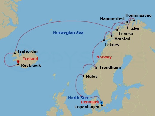 13 Night - Voyage of the Vikings - Oceania Insignia - Starting in Copenhagen, Maloy, Trondheim, Leknes (Lofoten Islands), Harstad, Hammerfest, North Cape (Honningsvag), Alta, Tromso, Isafjordur, Reykjavik itinerary map