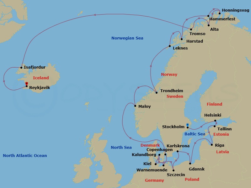 24 Night - Scandanavian Escape - Oceania Insignia - Starting in Stockholm, Helsinki, Tallinn, Riga, Gdansk, Karlskrona, Szczecin, Berlin (Warnemunde), Kalundborg, Kiel, Copenhagen, Maloy, Trondheim, Leknes (Lofoten Islands), Harstad, Hammerfest, North Cape (Honningsvag), Alta, Tromso, Isafjordur, Reykjavik itinerary map
