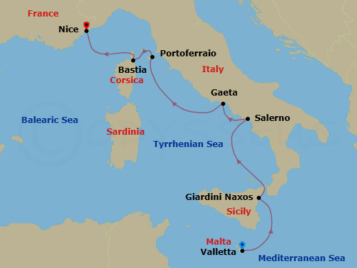 6 Night - Valletta to Nice - Silver Shadow - Starting in Valletta, Giardini Naxos (Sicily), Salerno, Gaeta, Portoferraio (Elba), Bastia, Corsica, Nice itinerary map