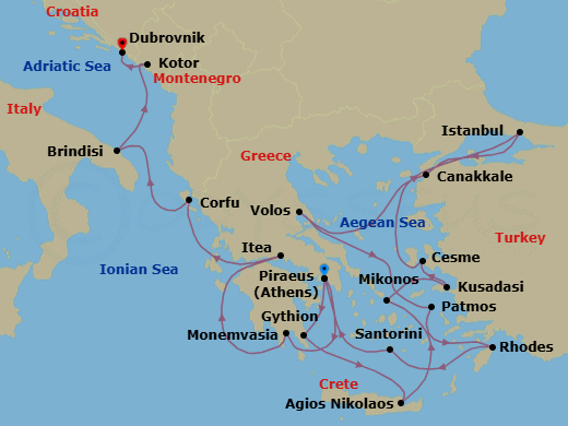 21 Night - Mediterranean Mosaic : Turkey, Greece, Italy & Croatia - Seabourn Ovation - Starting in Piraeus (Athens), Greece, Monemvasia, Greece, Agios Nikolaos, Crete, Greece, Mykonos, Greece, Kusadasi (Ephesus), Turkey, Cesme, Turkey, Istanbul, Turkey, Canakkale, Turkey, Volos, Greece, Patmos, Greece, Rhodes, Greece, Santorini, Greece, Piraeus (Athens), Greece, Gythion (Sparta), Greece, Itea (Delphi), Greece, Corfu, Greece, Brindisi (Lecce), Italy, Kotor, Montenegro, Dubrovnik, Croatia itinerary map