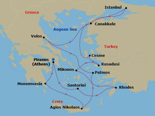 14 Night - Greek Isles & Ephesus - Seabourn Ovation - Starting in Piraeus (Athens), Greece, Monemvasia, Greece, Agios Nikolaos, Crete, Greece, Mykonos, Greece, Kusadasi (Ephesus), Turkey, Cesme, Turkey, Istanbul, Turkey, Canakkale, Turkey, Volos, Greece, Patmos, Greece, Rhodes, Greece, Santorini, Greece, Piraeus (Athens), Greece itinerary map