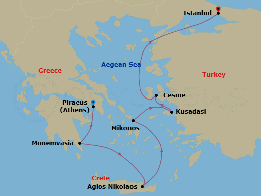 7 Night - Crete, Mykonos & Ephesus - Seabourn Ovation - Starting in Piraeus (Athens), Greece, Monemvasia, Greece, Agios Nikolaos, Crete, Greece, Mykonos, Greece, Kusadasi (Ephesus), Turkey, Cesme, Turkey, Istanbul, Turkey itinerary map