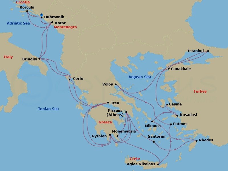 29 Night - Mediterranean Medley : Croatia, Greece & Italy - Seabourn Ovation - Starting in Dubrovnik, Croatia, Korcula, Croatia, Kotor, Montenegro, Brindisi (Lecce), Italy, Corfu, Greece, Itea (Delphi), Greece, Gythion (Sparta), Greece, Piraeus (Athens), Greece, Monemvasia, Greece, Agios Nikolaos, Crete, Greece, Mykonos, Greece, Kusadasi (Ephesus), Turkey, Cesme, Turkey, Istanbul, Turkey, Canakkale, Turkey, Volos, Greece, Patmos, Greece, Rhodes, Greece, Santorini, Greece, Piraeus (Athens), Greece, Gythion (Sparta), Greece, Itea (Delphi), Greece, Corfu, Greece, Brindisi (Lecce), Italy, Kotor, Montenegro, Dubrovnik, Croatia itinerary map