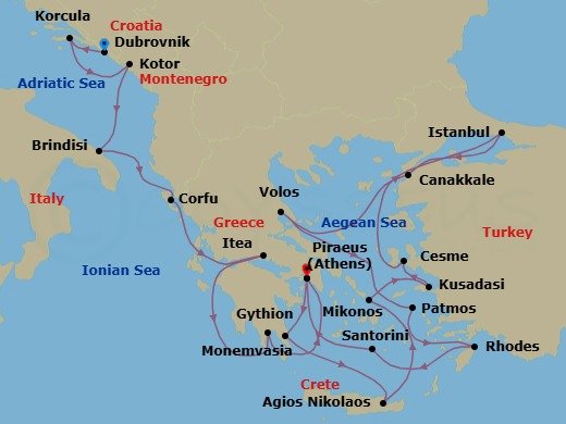22 Night - Mediterranean Mosaic : Croatia, Greece & Ephesus - Seabourn Ovation - Starting in Dubrovnik, Croatia, Korcula, Croatia, Kotor, Montenegro, Brindisi (Lecce), Italy, Corfu, Greece, Itea (Delphi), Greece, Gythion (Sparta), Greece, Piraeus (Athens), Greece, Monemvasia, Greece, Agios Nikolaos, Crete, Greece, Mykonos, Greece, Kusadasi (Ephesus), Turkey, Cesme, Turkey, Istanbul, Turkey, Canakkale, Turkey, Volos, Greece, Patmos, Greece, Rhodes, Greece, Santorini, Greece, Piraeus (Athens), Greece itinerary map