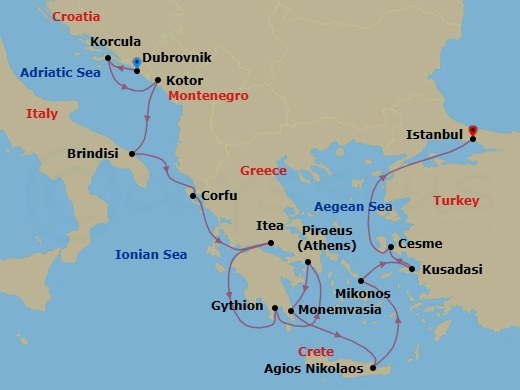 15 Night - Croatia, Montenegro & Ephesus - Seabourn Ovation - Starting in Dubrovnik, Croatia, Korcula, Croatia, Kotor, Montenegro, Brindisi (Lecce), Italy, Corfu, Greece, Itea (Delphi), Greece, Gythion (Sparta), Greece, Piraeus (Athens), Greece, Monemvasia, Greece, Agios Nikolaos, Crete, Greece, Mykonos, Greece, Kusadasi (Ephesus), Turkey, Cesme, Turkey, Istanbul, Turkey itinerary map