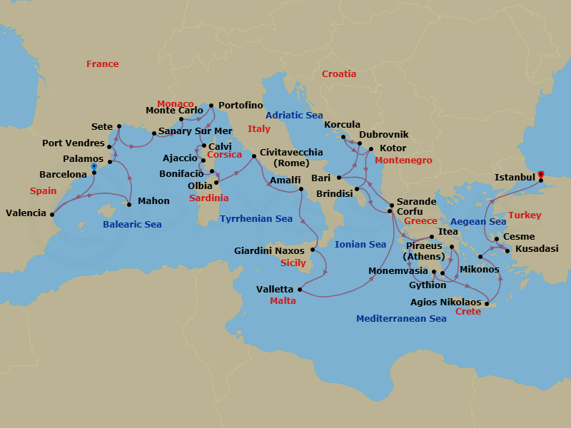 37 Night - Solar Eclipse : Riviera Gems & Greek Isles - Seabourn Ovation - Starting in Barcelona, Spain, Valencia, Spain, Mahon, Menorca, Spain, Palamos, Spain, Port-Vendres, France, Sete, France, Sanary-sur-Mer, France, Monte Carlo, Monaco, Portofino, Italy, Calvi, Corsica, France, Ajaccio, Corsica, France, Bonifacio (Corsica), France, Olbia, Sardinia, Italy, Civitavecchia (Rome), Italy, Amalfi, Italy, Giardini Naxos (Taormina), Italy, Valletta, Malta, Sarande, Albania, Bari (Puglia), Italy, Dubrovnik, Croatia, Korcula, Croatia, Kotor, Montenegro, Brindisi (Lecce), Italy, Corfu, Greece, Itea (Delphi), Greece, Gythion (Sparta), Greece, Piraeus (Athens), Greece, Monemvasia, Greece, Agios Nikolaos, Crete, Greece, Mykonos, Greece, Kusadasi (Ephesus), Turkey, Cesme, Turkey, Istanbul, Turkey itinerary map