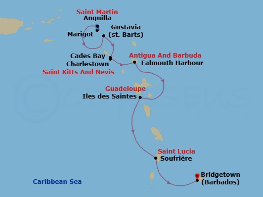 7 Night - Eastern Caribbean with St. Barths - Emerald Azzurra - Starting in Marigot, Saint Martin, Marigot, Saint Martin / Prickly Pear Cays, Anguilla / Gustavia, Saint Barthelemy, Gustavia, Saint Barthelemy, Charlestown, Saint Kitts and Nevis / Cades Bay, Saint Kitts and Nevis, Falmouth Bay (English Harbour), Antigua and Barbuda, Iles des Saintes, Guadeloupe, Soufriere, Saint Lucia, Bridgetown, Barbados itinerary map