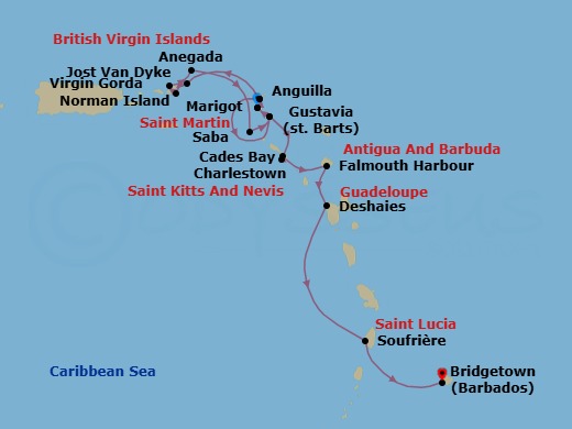 14 Night - Discover the Pearls of the Caribbean - Emerald Azzurra - Starting in Marigot, Saint Martin, Marigot, Saint Martin, Anguilla, Virgin Gorda / Norman Island, British Virgin Islands, Norman Island / Jost van Dyke, British Virgin Islands, Anegada, British Virgin Islands, Saba, Bonaire, Saint Eustatius and Saba / Gustavia, Saint Barthelemy, Gustavia, Saint Barthelemy, Marigot, Saint Martin, Marigot, Saint Martin / Prickly Pear Cays, Anguilla / Gustavia, Saint Barthelemy, Gustavia, Saint Barthelemy, Charlestown, Saint Kitts and Nevis / Cades Bay, Saint Kitts and Nevis, Falmouth Bay (English Harbour), Antigua and Barbuda, Deshaies, Guadeloupe, Soufriere, Saint Lucia, Bridgetown, Barbados itinerary map