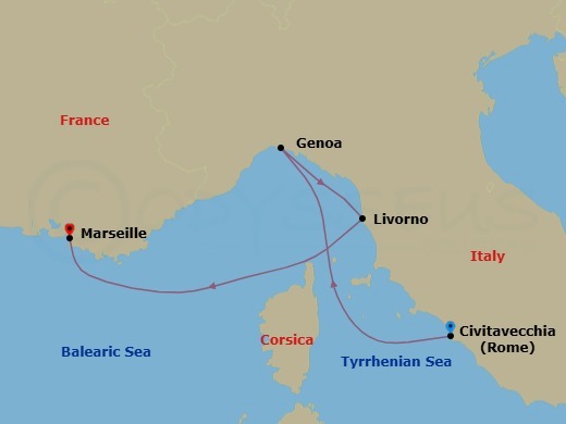 3 Night - Msc Grand Voyages - MSC Opera - Starting in Civitavecchia (Rome), Italy, Genoa (Portofino), Italy, Livorno (Florence), Italy, Marseille (Provence), France itinerary map