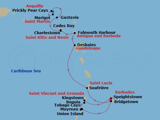 14 Night - Discover Eastern Caribbean & Grenadines - Emerald Azzurra - Starting in Marigot, Saint Martin, Marigot, Saint Martin / Prickly Pear Cays, Anguilla / Gustavia, Saint Barthelemy, Gustavia, Saint Barthelemy, Charlestown, Saint Kitts and Nevis / Cades Bay, Saint Kitts and Nevis, Falmouth Bay (English Harbour), Antigua and Barbuda, Deshaies, Guadeloupe, Soufriere, Saint Lucia, Bridgetown, Barbados, Speightstown, Barbados, Kingstown / Bequia Island, Saint Vincent and the Grenadines, Bequia Island / Mayreau Island, Saint Vincent and the Grenadines, Mayreau Island / Union Island, Saint Vincent and the Grenadines, Union Island, Saint Vincent and the Grenadines, Union Island / Tobago Cays, Saint Vincent and the Grenadines, Bridgetown, Barbados itinerary map