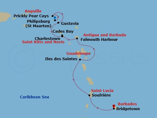 7 Night - Eastern Caribbean with St. Barths - Emerald Azzurra - Starting in Philipsburg, Sint Maarten, Philipsburg, Sint Maarten / Prickly Pear Cays, Anguilla / Gustavia, Saint Barthelemy, Gustavia, Saint Barthelemy, Charlestown, Saint Kitts and Nevis / Cades Bay, Saint Kitts and Nevis, Falmouth Bay (English Harbour), Antigua and Barbuda, Iles des Saintes, Guadeloupe, Soufriere, Saint Lucia, Bridgetown, Barbados itinerary map