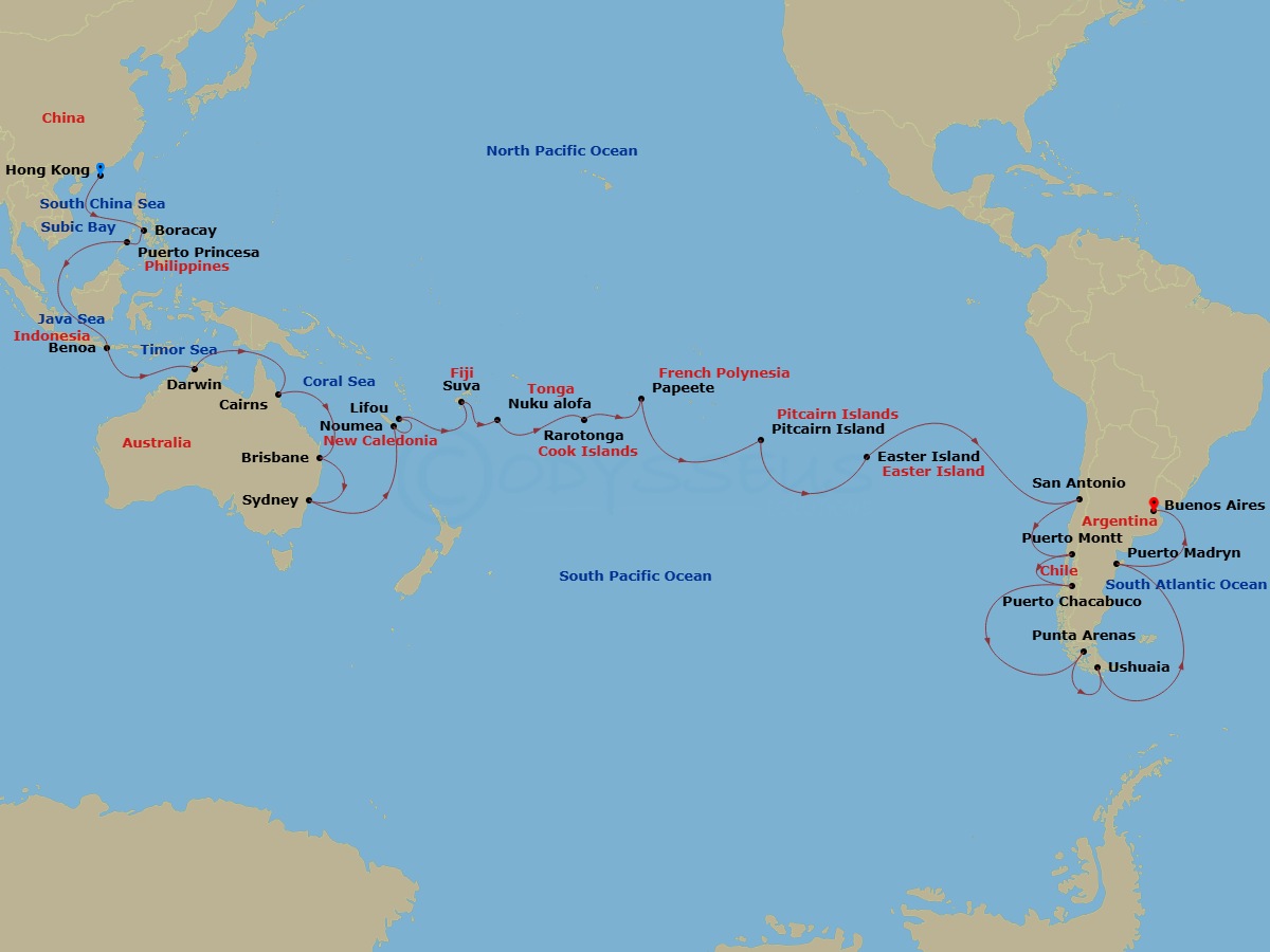 60 Night - Round World from Hongkong - Costa Serena - Starting in Hong Kong, Subic Bay, Boracay, Puerto Princesa, Benoa (Bali, Indonesia), Darwin, Cairns, Brisbane, Sydney AU, Noumea, Lifou, Suva, Nuhualofa, Tonga, Rarotonga, Papeete, Pitcairn Islands, Easter Island, San Antonio CL (Santiago), Puerto Montt, Chile, Puerto Chacabuco, Punta Arenas, Ushuaia, Puerto Madryn, Argentina, Buenos Aires itinerary map