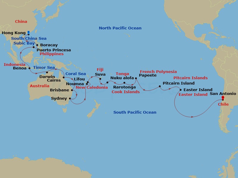 46 Night - Round World from Hongkong - Costa Serena - Starting in Hong Kong, Subic Bay, Boracay, Puerto Princesa, Benoa (Bali, Indonesia), Darwin, Cairns, Brisbane, Sydney AU, Noumea, Lifou, Suva, Nuhualofa, Tonga, Rarotonga, Papeete, Pitcairn Islands, Easter Island, San Antonio CL (Santiago) itinerary map