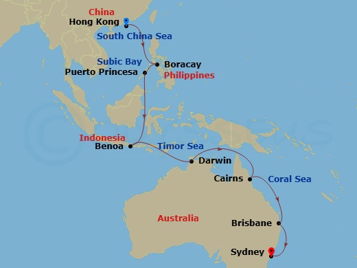 20 Night - Round World from Hongkong - Costa Serena - Starting in Hong Kong, Subic Bay, Boracay, Puerto Princesa, Benoa (Bali, Indonesia), Darwin, Cairns, Brisbane, Sydney AU itinerary map