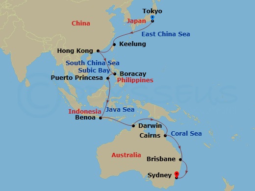 25 Night - Round World from Tokyo - Costa Serena - Starting in Tokyo, Keelung, Taiwan, Hong Kong, Subic Bay, Boracay, Puerto Princesa, Benoa (Bali, Indonesia), Darwin, Cairns, Brisbane, Sydney AU itinerary map