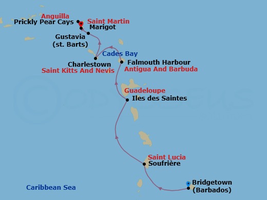7 Night - Eastern Caribbean with St. Barths - Emerald Azzurra - Starting in Bridgetown, Barbados, Soufriere, Saint Lucia, Iles des Saintes, Guadeloupe, Falmouth Bay (English Harbour), Antigua and Barbuda, Charlestown / Cades Bay, Saint Kitts and Nevis, Gustavia, Saint Barthelemy, Prickly Pear Cays, Anguilla / Marigot, Saint Martin, Marigot, Saint Martin itinerary map
