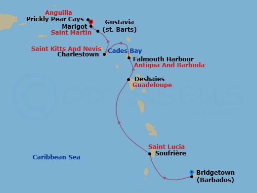 7 Night - Eastern Caribbean with St. Barths - Emerald Azzurra - Starting in Bridgetown, Barbados, Soufriere, Saint Lucia, Deshaies, Guadeloupe, Falmouth Bay (English Harbour), Antigua and Barbuda, Charlestown / Cades Bay, Saint Kitts and Nevis, Gustavia, Saint Barthelemy, Prickly Pear Cays, Anguilla / Marigot, Saint Martin, Marigot, Saint Martin itinerary map