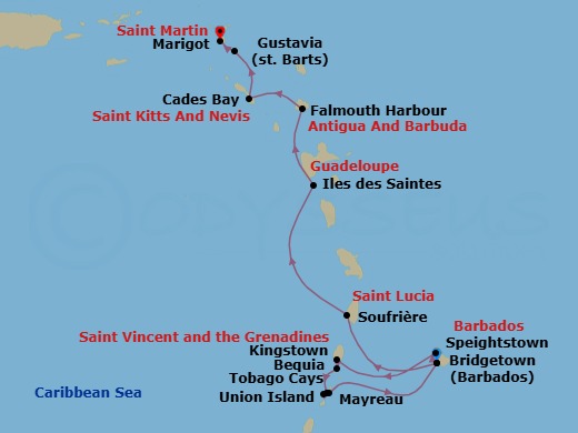 13 Night - Discover the Grenadines & Windwards Islands - Emerald Azzurra - Starting in Bridgetown, Barbados, Speightstown, Barbados, Kingstown / Bequia Island, Saint Vincent and the Grenadines, Bequia Island / Mayreau Island, Saint Vincent and the Grenadines, Mayreau Island / Union Island, Saint Vincent and the Grenadines, Union Island, Saint Vincent and the Grenadines, Union Island / Tobago Cays, Saint Vincent and the Grenadines, Bridgetown, Barbados, Soufriere, Saint Lucia, Iles des Saintes, Guadeloupe, Falmouth Harbour, Antigua and Barbuda, Cades Bay, Saint Kitts and Nevis, Gustavia, Saint Barthelemy, Marigot, Saint Martin itinerary map