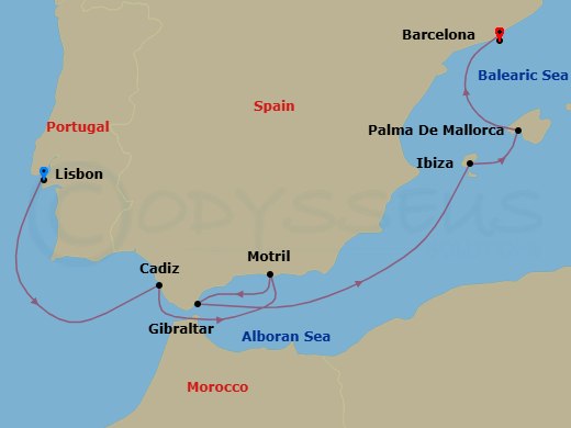 10 Night - a Glimpse of Lisbon Pre Cruisetour - Norwegian Dawn Tours - Starting in At Hotel, Lisbon, Portugal, Cadiz / Seville, Spain, Motril, Spain, Gibraltar, Ibiza, Spain, Palma Majorca, Spain, Barcelona, Spain itinerary map