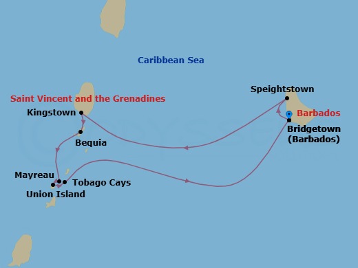 7 Night - Grenadines & Windwards Yachting - Emerald Azzurra - Starting in Bridgetown, Barbados, Speightstown, Barbados, Kingstown / Bequia Island, Saint Vincent and the Grenadines, Bequia Island / Mayreau Island, Saint Vincent and the Grenadines, Mayreau Island / Union Island, Saint Vincent and the Grenadines, Union Island, Saint Vincent and the Grenadines, Union Island / Tobago Cays, Saint Vincent and the Grenadines, Bridgetown, Barbados itinerary map