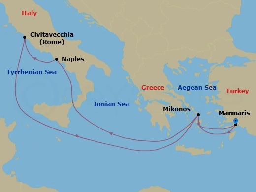 7 Night - Mediterranean - MSC Divina - Starting in Marmaris, Turkey, Mykonos, Greece, Naples (Pompeii), Italy, Civitavecchia (Rome), Italy, Mykonos, Greece, Marmaris, Turkey itinerary map