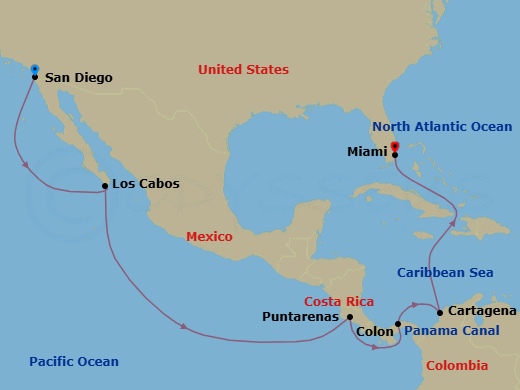 14 Night - Msc Grand Voyages - MSC Poesia - Starting in San Diego, Cabo San Lucas, Mexico, Puntarenas (San Jose), Costa Rica, Cruising Panama Canal, Colon, Panama, Cartagena CO, Colombia, Miami, Florida itinerary map