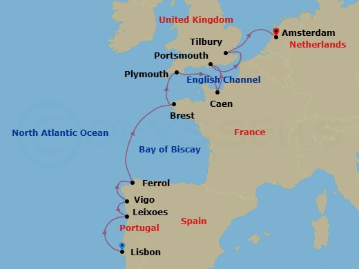 11 Night - Historic Rivers & Iconic Shores : Lisbon to Amsterdam - Scenic Eclipse - Starting in Lisbon, Portugal, Leixoes (Porto), Portugal, Vigo, Spain, Ferrol, Spain, Brest, France, Plymouth, United Kingdom, Caen, France, Portsmouth UK, London / Tilbury, United Kingdom, London / Tilbury, United Kingdom / At Sea, Amsterdam, Netherlands itinerary map