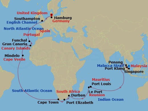 40 Night - Singapore to Hamburg - Queen Anne - Starting in Singapore, Port Klang, MY, Penang, Malaysia, Port Louis, Mauritius, Le Port, Reunion, Durban, South Africa, Gqeberha (Port Elizabeth ZA), South Africa, Cape Town, South Africa, Mindelo, St Vincent, Cape Verde, Gran Canaria, Spain, Funchal, Madeira, Portugal, Southampton, England, UK, Hamburg, Germany itinerary map