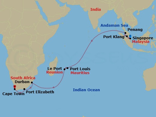 21 Night - Singapore to Cape Town - Queen Anne - Starting in Singapore, Port Klang, MY, Penang, Malaysia, Port Louis, Mauritius, Le Port, Reunion, Durban, South Africa, Gqeberha (Port Elizabeth ZA), South Africa, Cape Town, South Africa itinerary map