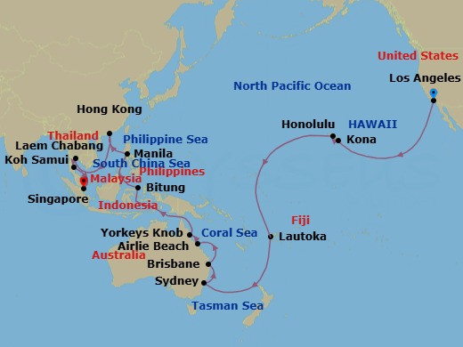 46 Night - Los Angeles to Singapore - Queen Anne - Starting in Los Angeles, CA, Kona, HI, Honolulu, HI, Cross International Date Line (Cruise-by), Lautoka, Fiji, Sydney AU, Australia, Brisbane, Australia, Airlie Beach, Australia, Yorkeys Knob (tours to Cairns), Australia, Bitung, Indonesia, Manila, Philippines, Hong Kong, China, Laem Chabang (tours to Bangkok), Thailand, Ko Samui, Thailand, Singapore itinerary map