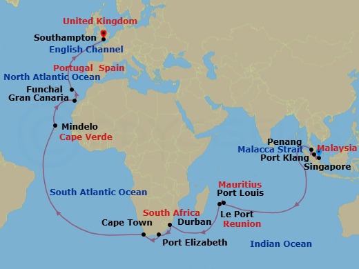 38 Night - Singapore to Southampton - Queen Anne - Starting in Singapore, Port Klang, MY, Penang, Malaysia, Port Louis, Mauritius, Le Port, Reunion, Durban, South Africa, Gqeberha (Port Elizabeth ZA), South Africa, Cape Town, South Africa, Mindelo, St Vincent, Cape Verde, Gran Canaria, Spain, Funchal, Madeira, Portugal, Southampton, England, UK itinerary map