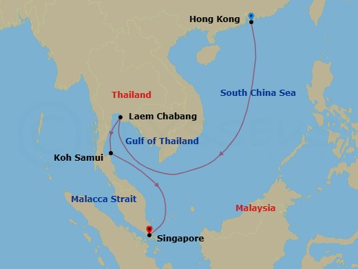 10 Night - Hong Kong to Singapore - Queen Anne - Starting in Hong Kong, China, Laem Chabang (tours to Bangkok), Thailand, Ko Samui, Thailand, Singapore itinerary map