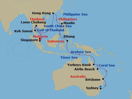 27 Night - Sydney to Singapore - Queen Anne - Starting in Sydney AU, Australia, Brisbane, Australia, Airlie Beach, Australia, Yorkeys Knob (tours to Cairns), Australia, Bitung, Indonesia, Manila, Philippines, Hong Kong, China, Laem Chabang (tours to Bangkok), Thailand, Ko Samui, Thailand, Singapore itinerary map