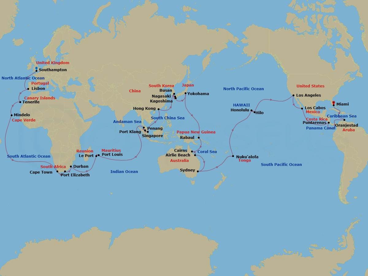 101 Night - Southampton to Miami - Queen Elizabeth - Starting in Southampton, England, UK, Lisbon, Portugal, Tenerife, Spain, Mindelo, St Vincent, Cape Verde, Cape Town, South Africa, Gqeberha (Port Elizabeth ZA), South Africa, Durban, South Africa, Le Port, Reunion, Port Louis, Mauritius, Penang, Malaysia, Port Klang, MY, Singapore, Hong Kong, China, Busan, South Korea, Nagasaki, Japan, Kagoshima, Japan, Yokohama (tours to Tokyo), Japan, Rabaul, Papua New Guinea, Cairns, Australia, Airlie Beach, Australia, Sydney AU, Australia, Nukualofa, Tonga, Cross International Date Line (Cruise-by), Honolulu, HI, Hilo, HI, Los Angeles, CA, Cabo San Lucas, Mexico, Puntarenas, Costa Rica, Transit the Panama Canal, Panama (Full Transit), Oranjestad, Aruba, Miami, FL itinerary map